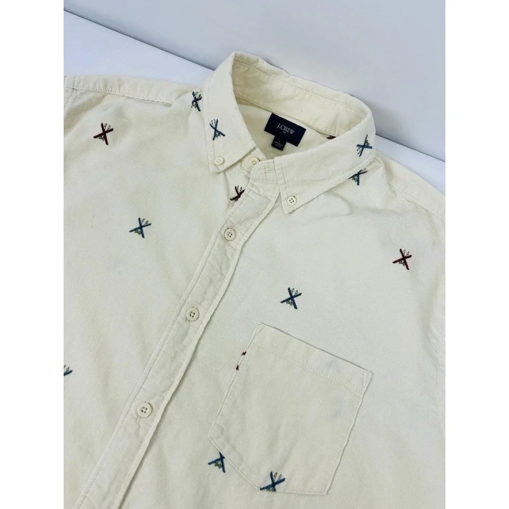 J. Crew Corduroy Shirt Mens Large Ivory Embroidered Ski Print Long Sleeve